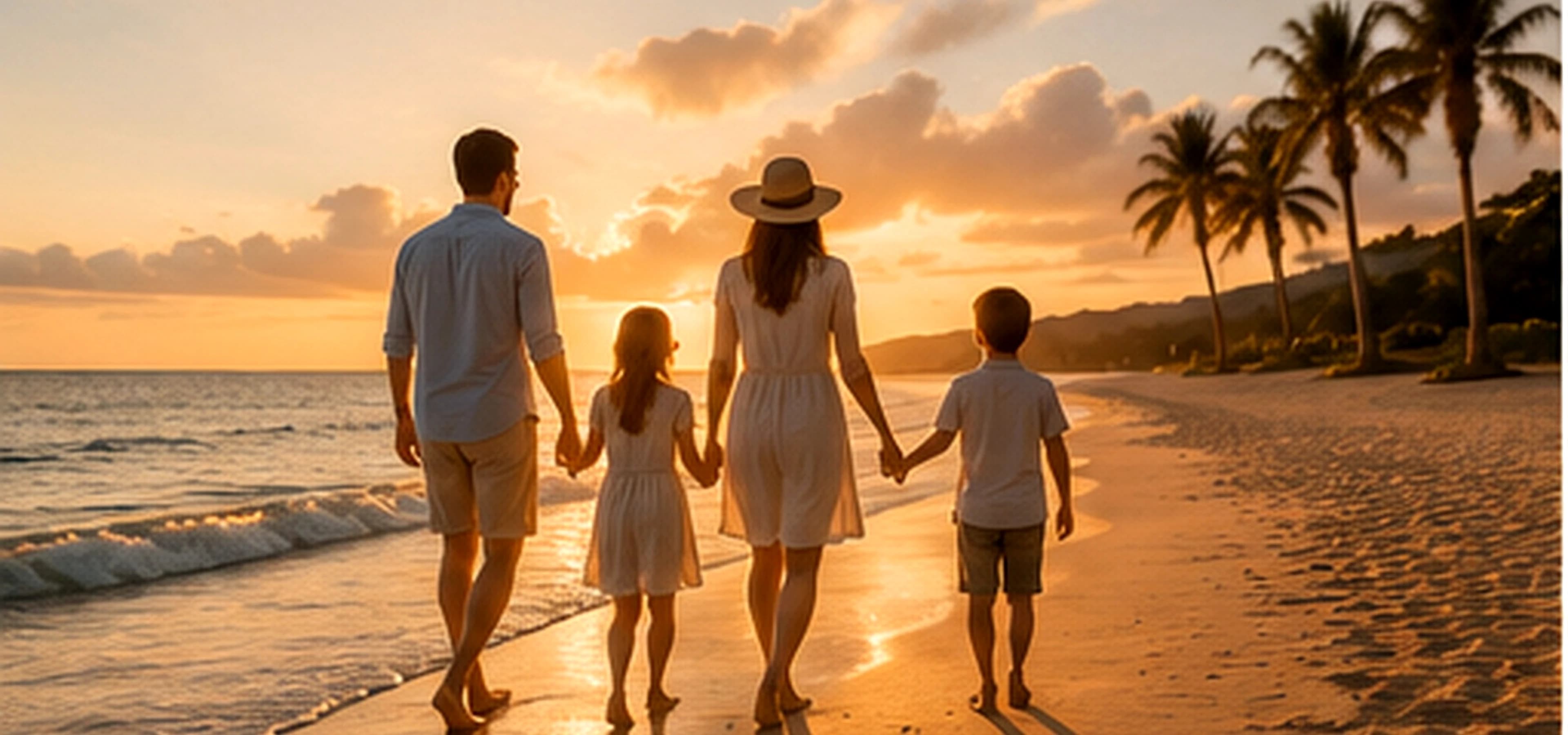 Familia en playa al atardecer