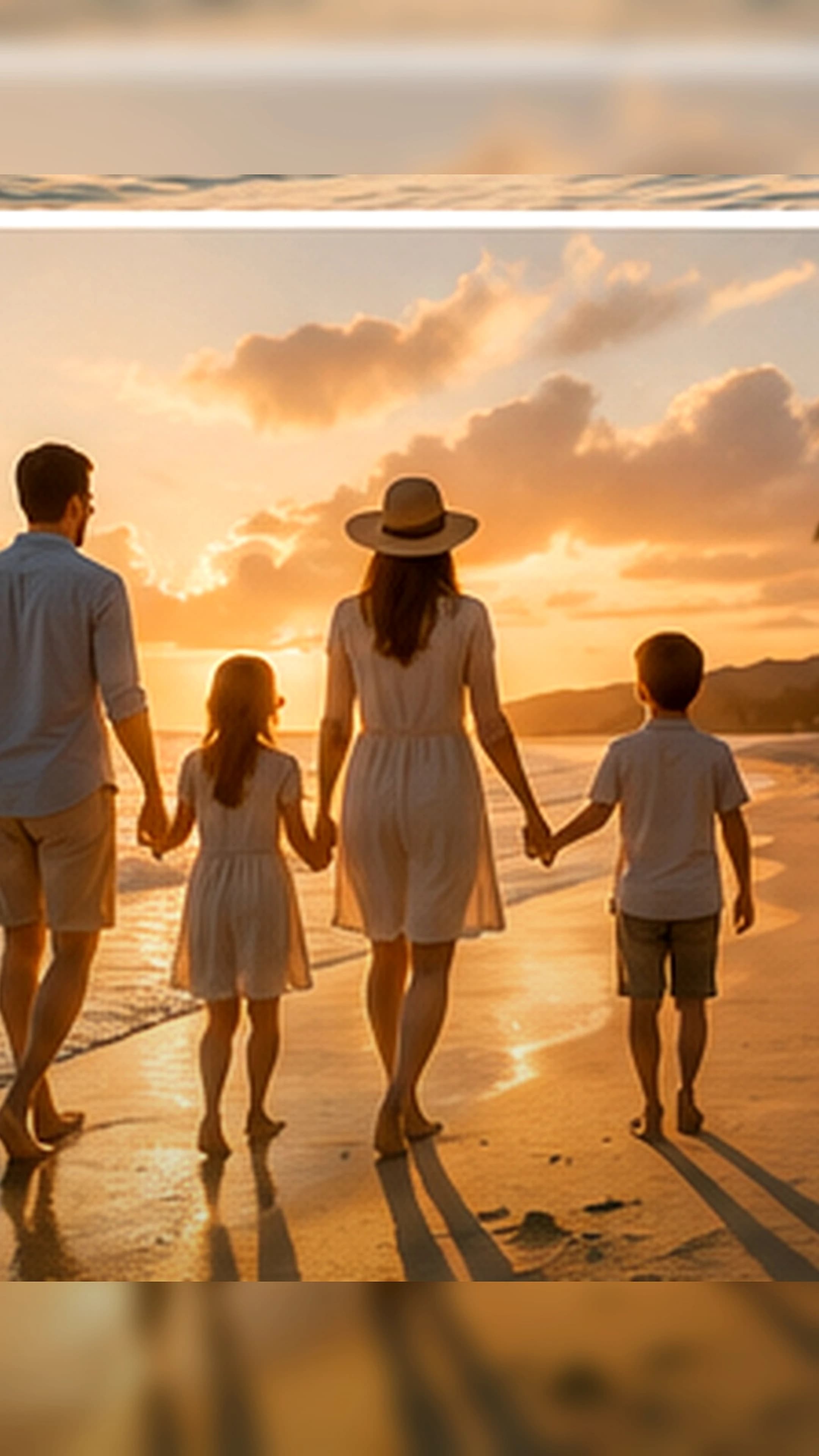 Familia en playa al atardecer